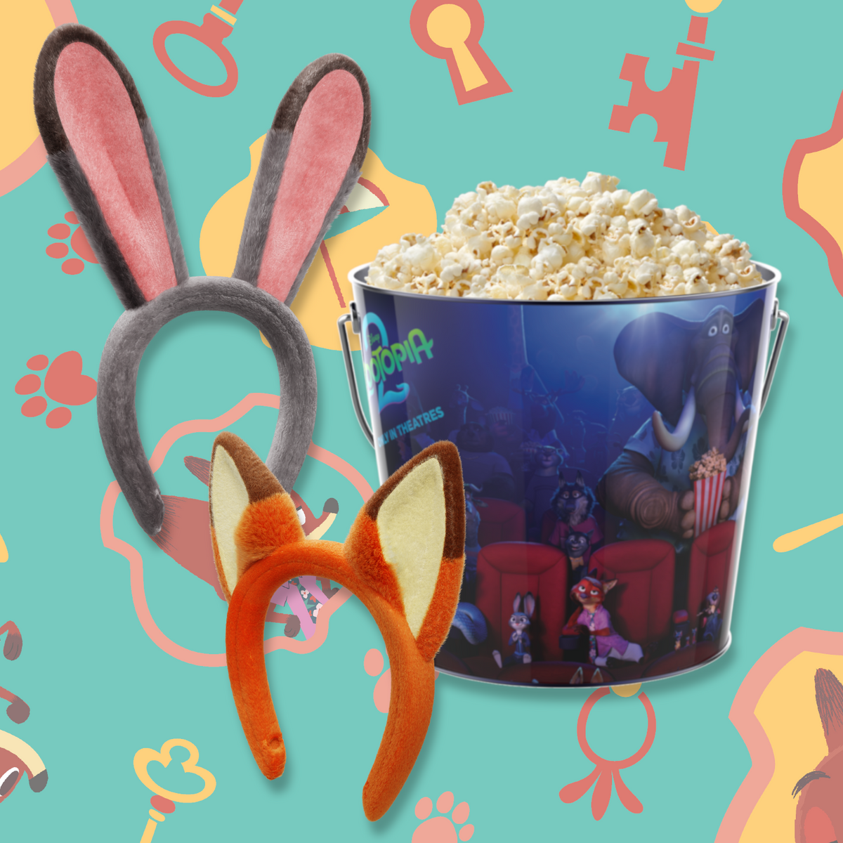 Zootopia 2 64 oz Popcorn Pail and Nick & Judy Headband Bundle